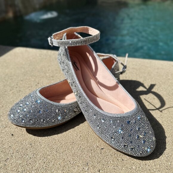 New Bling Silver Rhinestone Embellished Ankle Strap Ballet Flat Shoes Ballerina - Picture 5 of 10